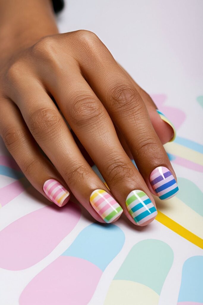 Pastel striped acrylic nails resembling candy, creating a playful and fun design