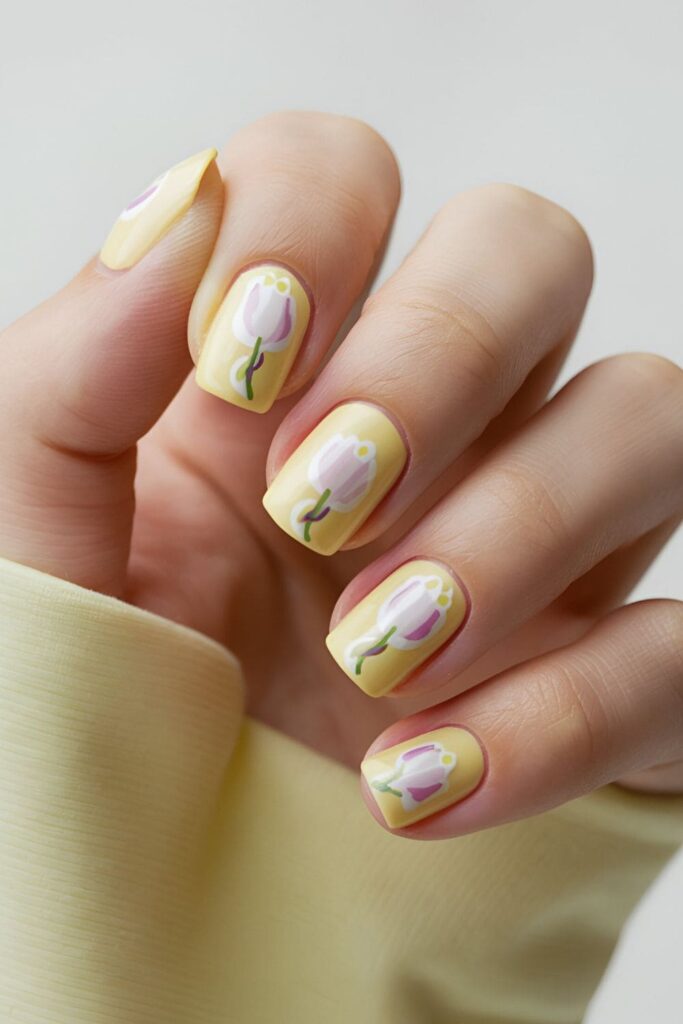 Pastel yellow base nails adorned with tiny tulips in pink, white, and light purple, adding a cheerful touch