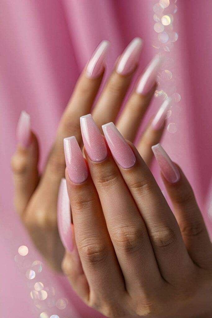 Pink coffin nails with a subtle sparkle from a light dusting of shimmer