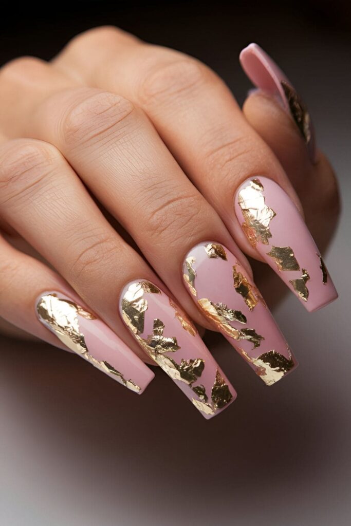 Pink coffin nails with luxurious gold leaf flakes