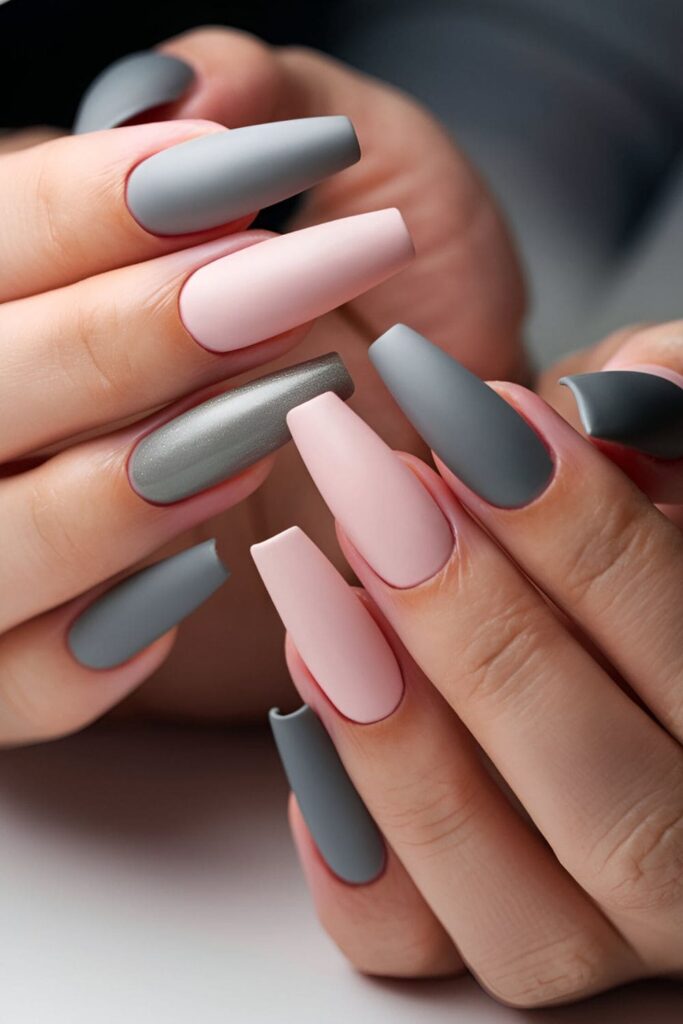 Pink coffin nails with sophisticated grey accents