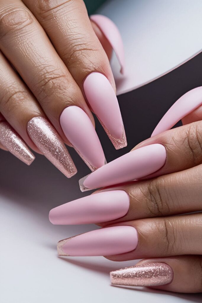 Pink coffin nails with textured tips using matte polish and glitter