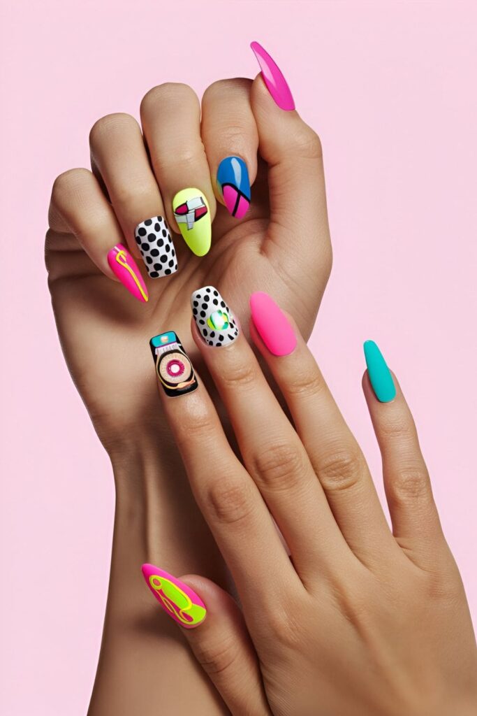 Playful acrylic nails with bold patterns, neon colors, and funky shapes inspired by the '70s and '80s, set against a plain backdrop