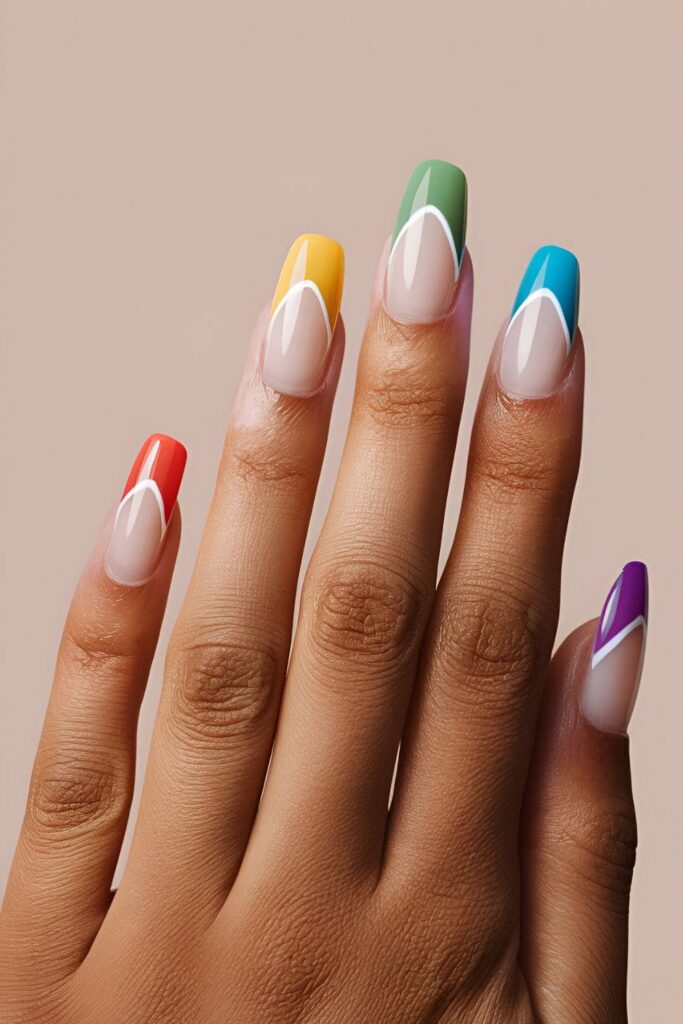 Rainbow French tips with a different color on each nail tip