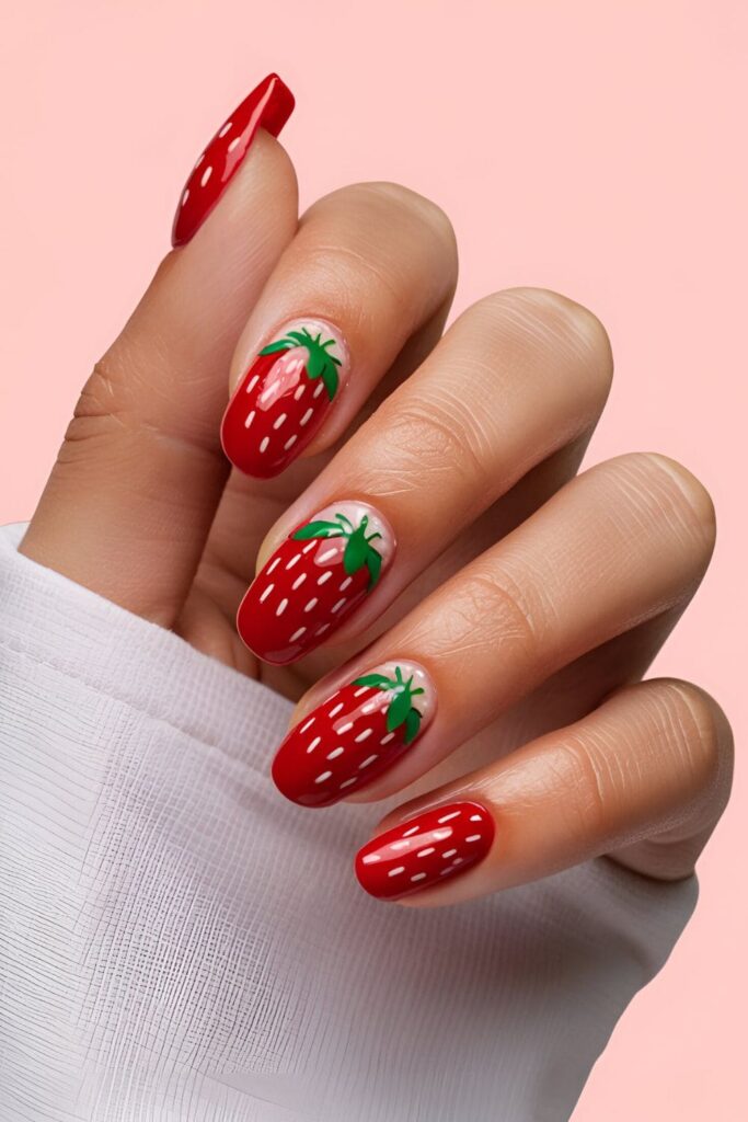 Red acrylic nails with tiny green leaves and white seeds, resembling fresh strawberries