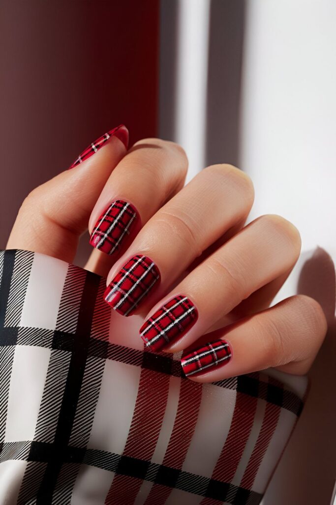 Red manicure with thin white and black plaid lines, looking fresh and stylish for summer