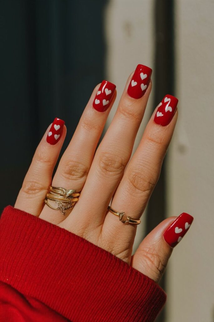  Red nails adorned with small hearts in white, pink, and gold, creating a sweet and lovely look