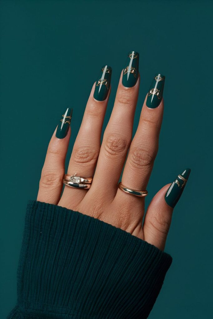 Rich teal nails accented with gold or silver details, offering a luxurious and mystical appearance