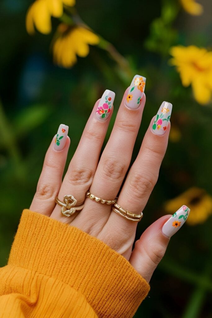 Seasonal-themed nails with bright florals, icy blues, and intricate leaves