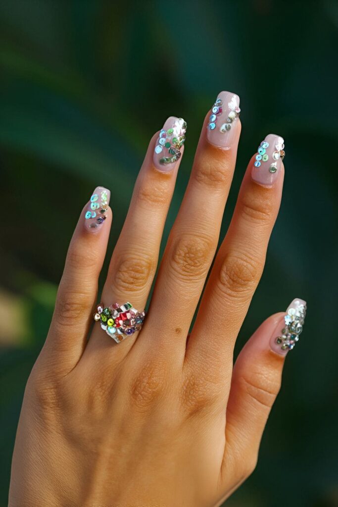 Sequin glam nails with sparkling sequins in various colors