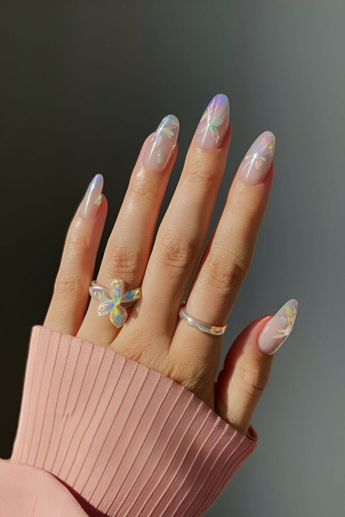 Sheer or pastel nails featuring iridescent floral designs, creating a light and airy, magical glow