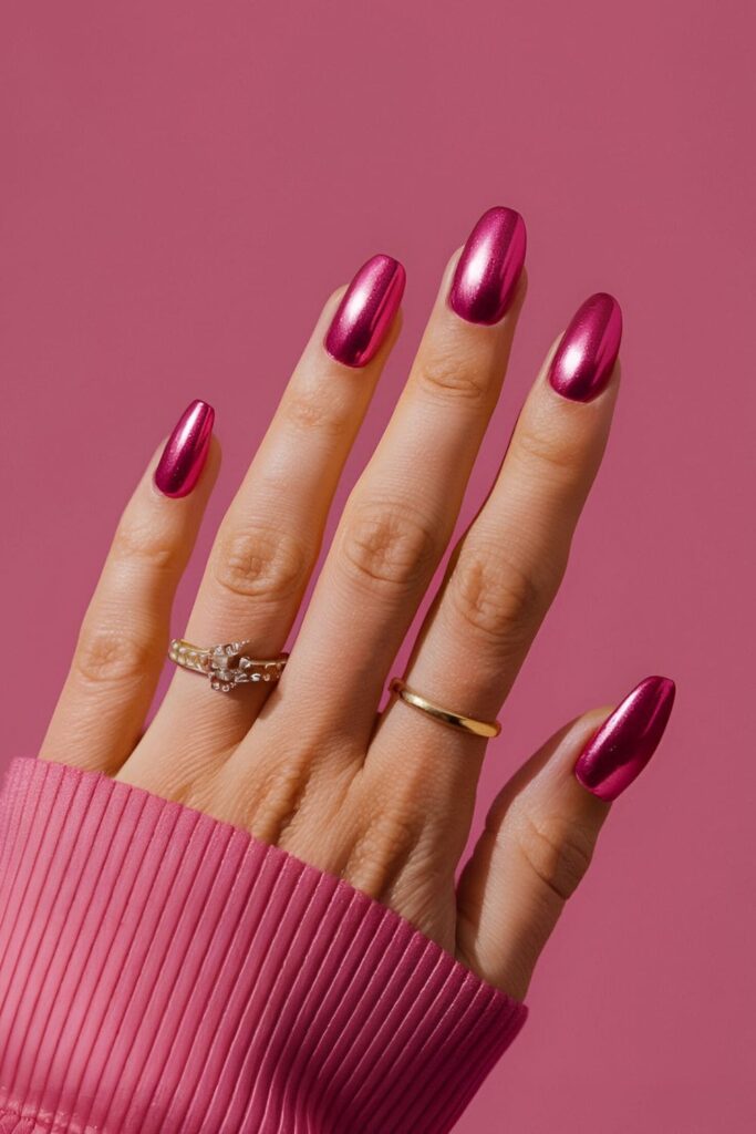 Shiny metallic pink acrylic nails reflecting light, giving a glamorous and chic look