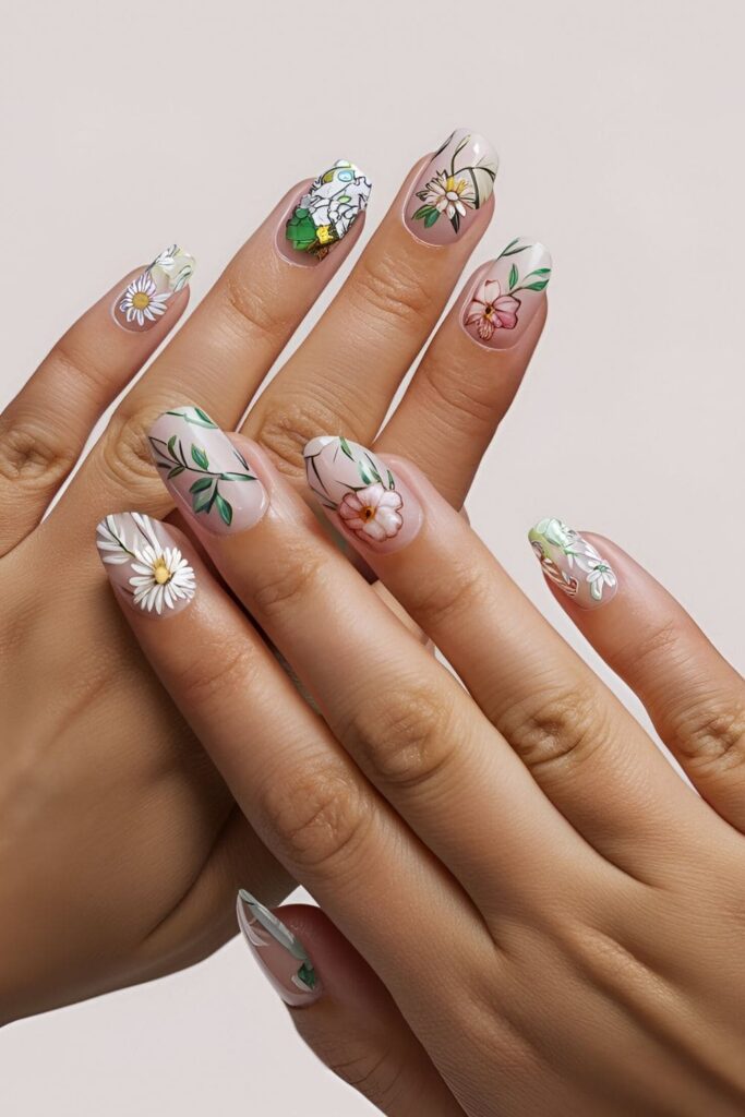 Short acrylic nails adorned with intricate floral patterns including daisies, roses, or sunflowers