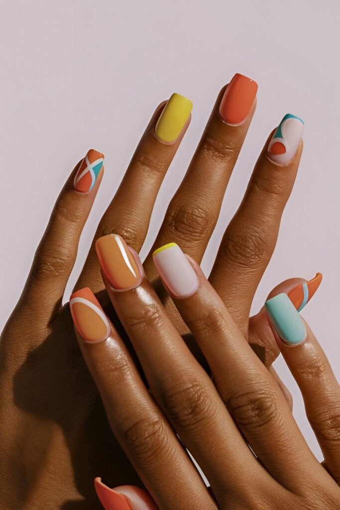 Short acrylic nails with a matte top coat in bright summer colors, trendy and chic