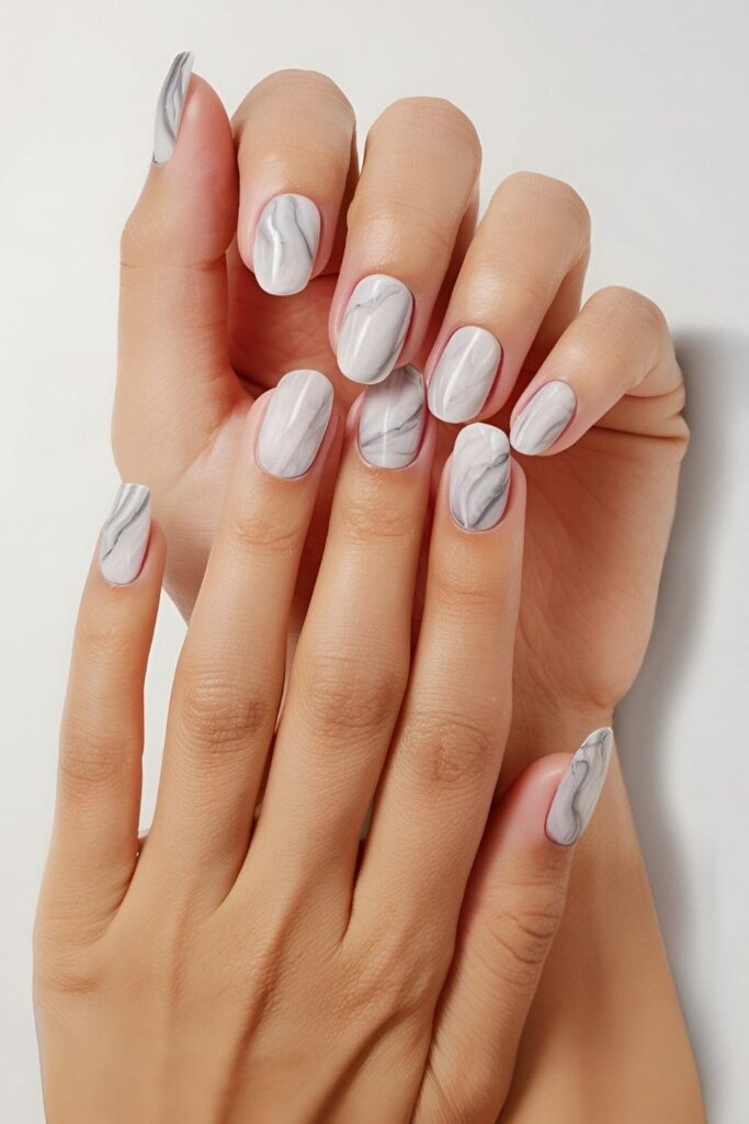 Short acrylic nails with a sophisticated marble effect, elegant swirling patterns