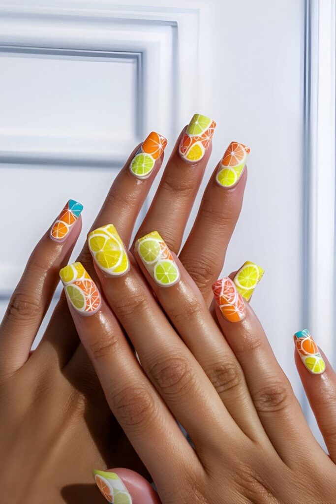 Short acrylic nails with citrus slice designs in shades of lemons, limes, and oranges, refreshing and summery