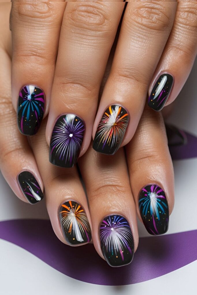 Short acrylic nails with fireworks designs, dark bases with bright bursts of color, festive and vibrant