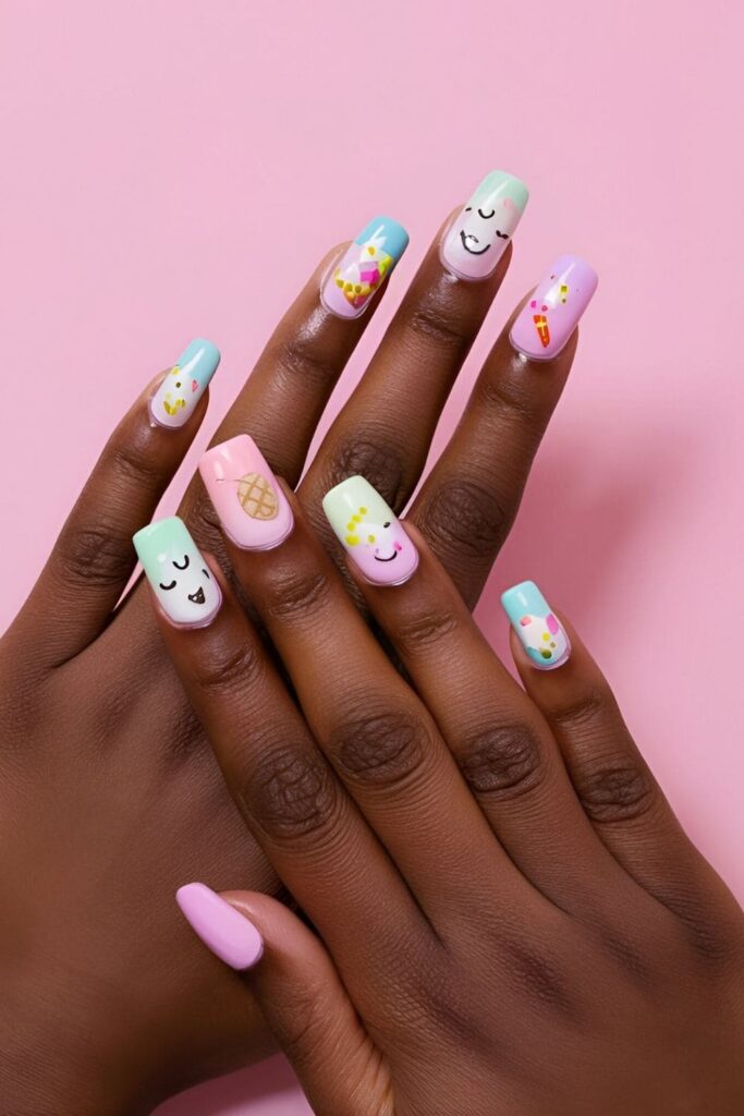 Short acrylic nails with ice cream cone designs, pastel colors for the cones and colorful scoops with sprinkles, cute and delicious