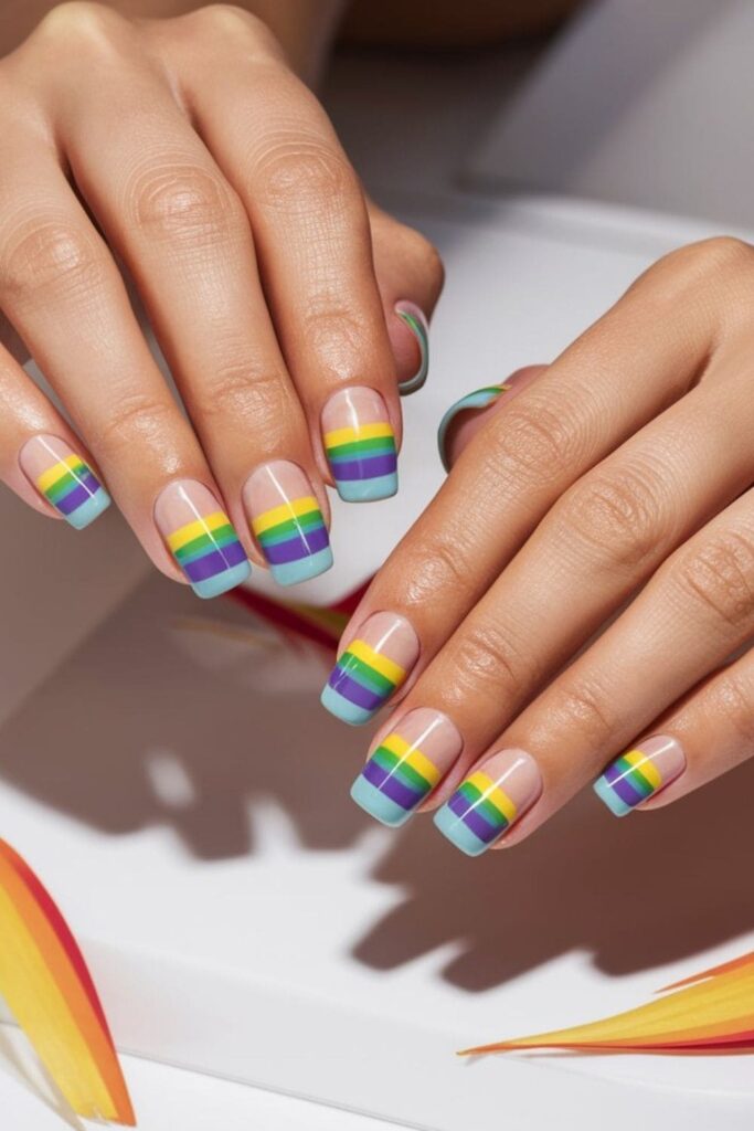 Short acrylic nails with vibrant rainbow stripes, cheerful and eye-catching