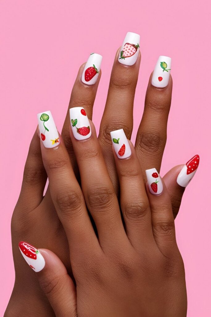 Short acrylic nails with playful fruit salad designs including watermelon, apples, strawberries, and kiwi