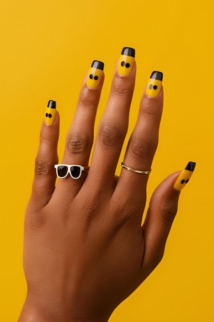 Short acrylic nails with tiny sunglasses painted on, using bright colors and reflective lenses, playful and fashionable