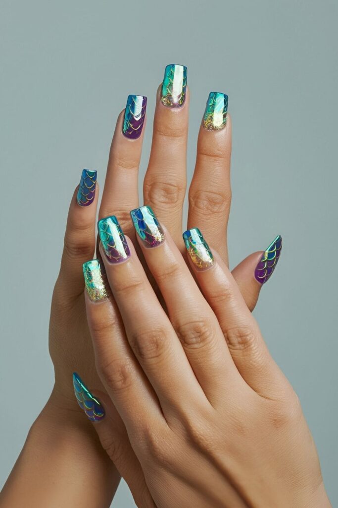 Short acrylic nails with iridescent mermaid scale designs and glitter accents, magical and glamorous