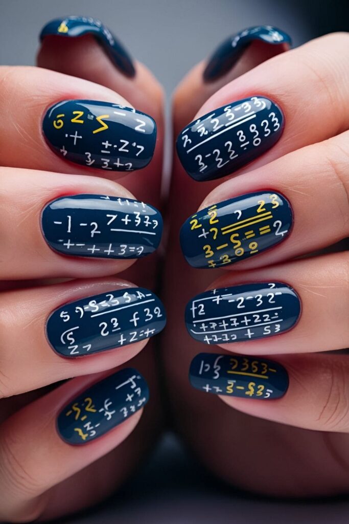 Smart and fashionable nails featuring tiny equations and formulas drawn in white or yellow on a black or dark blue base