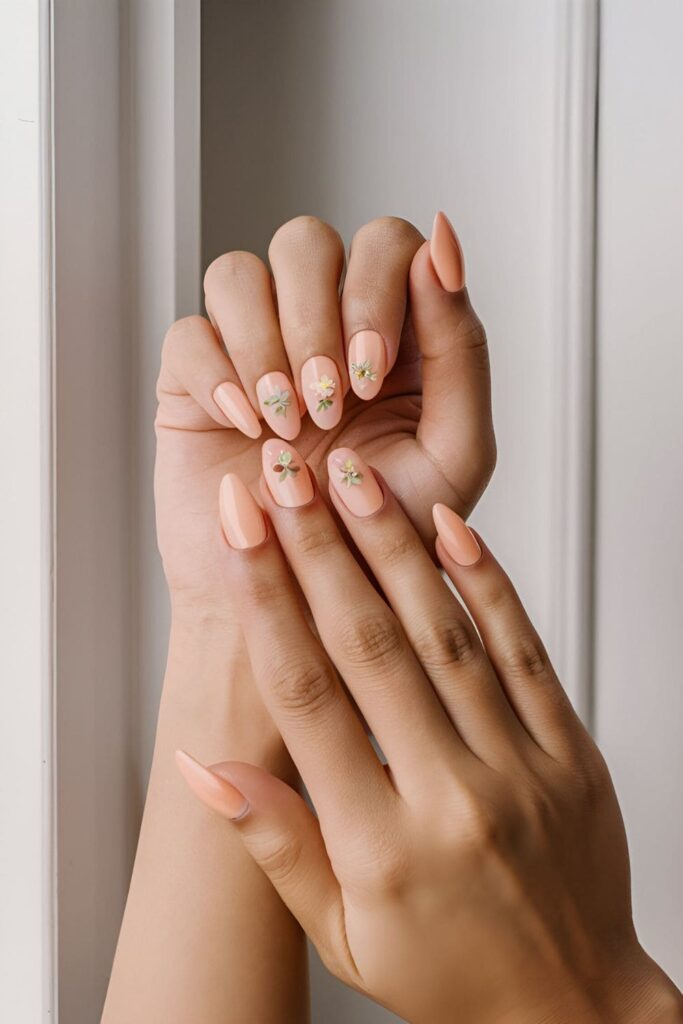 Soft and sweet acrylic nails in pastel peach with floral accents, positioned against a charming, elegant backdrop