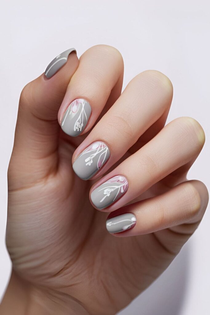 Soft grey nails with intricate white and light pink floral patterns, offering a chic and sophisticated appearance