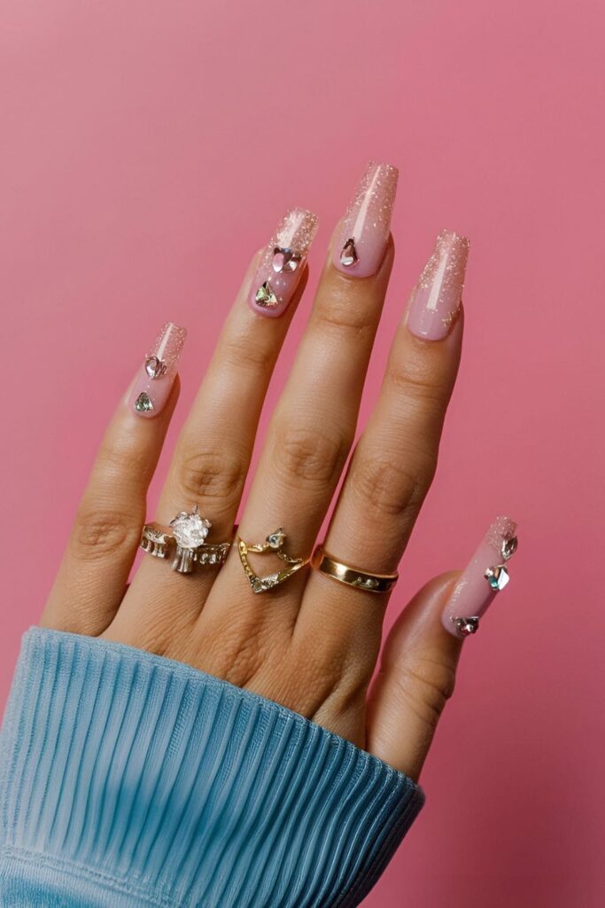 Soft pink acrylic nails adorned with glitter and rhinestones for a royal, glamorous look