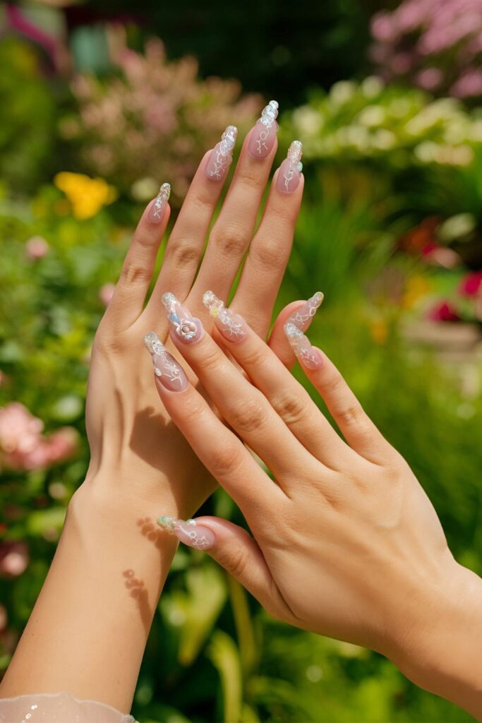 Sophisticated acrylic nails with delicate lace patterns intertwined with floral motifs, set against a romantic garden party background