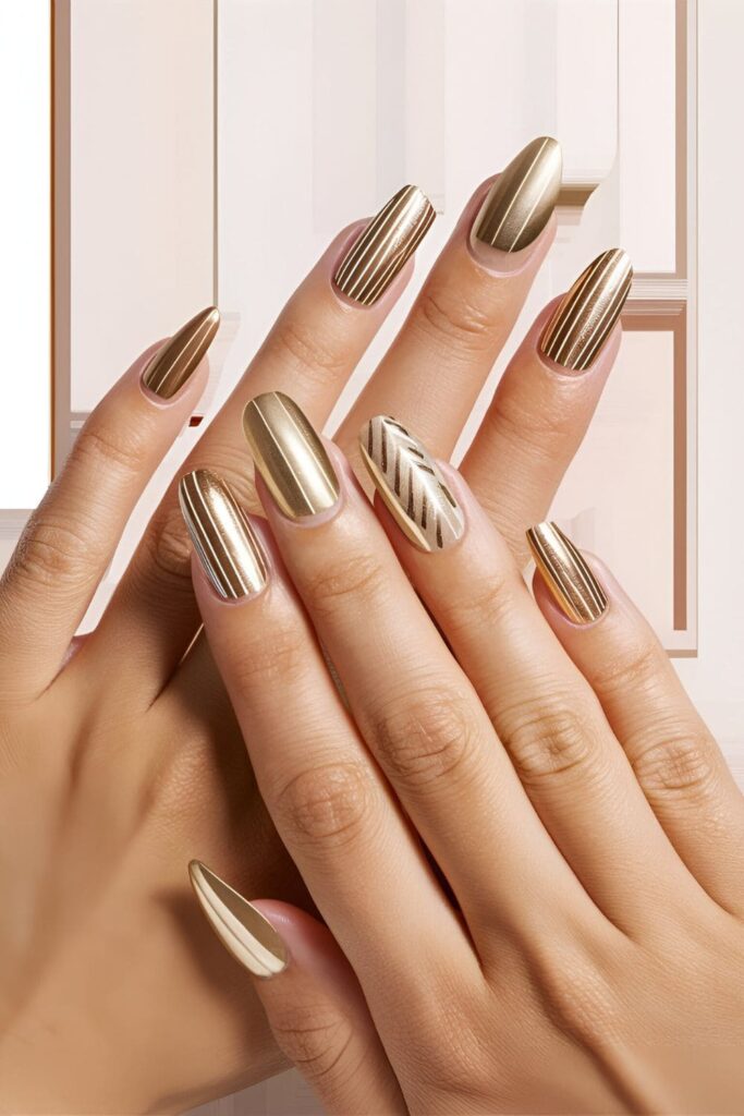 Sophisticated gold acrylic nails with sleek monochrome designs in different shades of gold