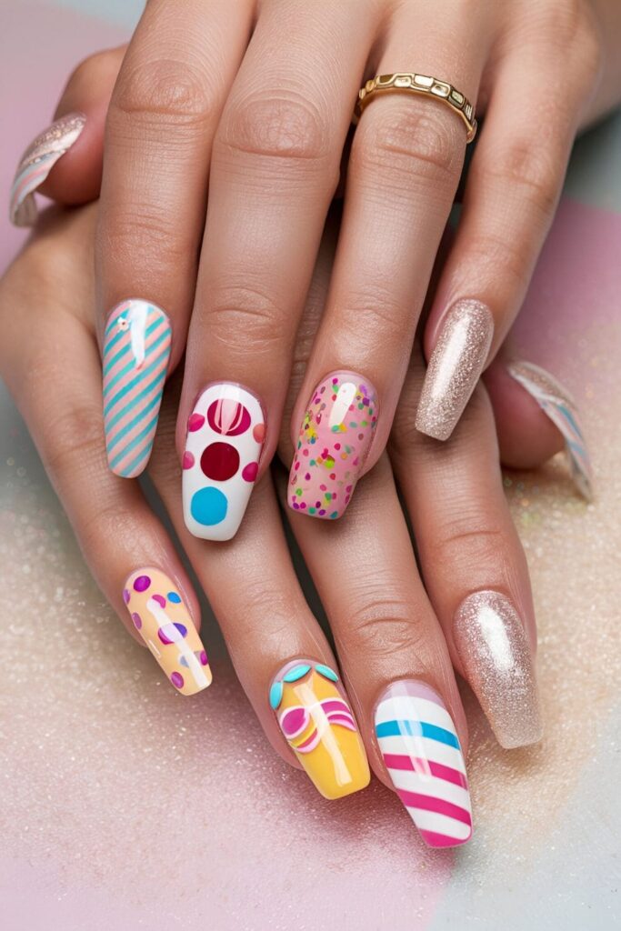 Sweet and colorful acrylic nails with candy stripes, polka dots, and bright sugary colors, positioned against a whimsical, candy-themed backdrop