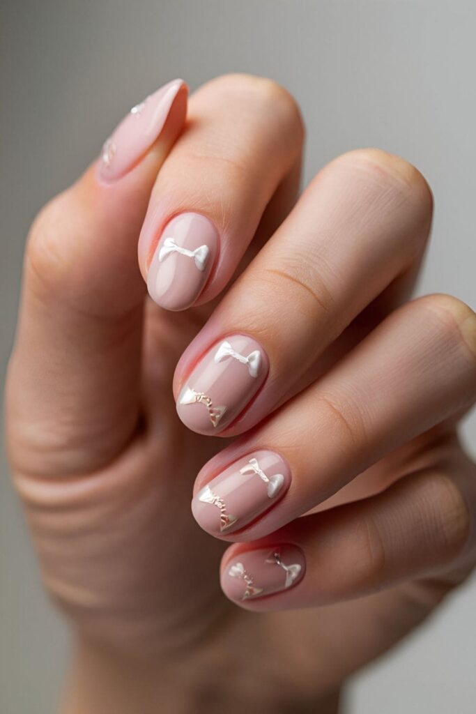 Sweet dainty bows on nails, paired with pastel or neutral colors