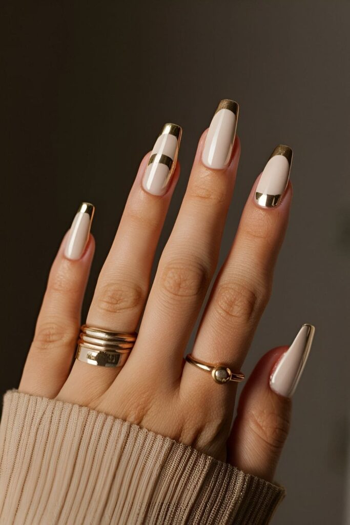 Timeless cream nails with gold accents such as stripes or dots