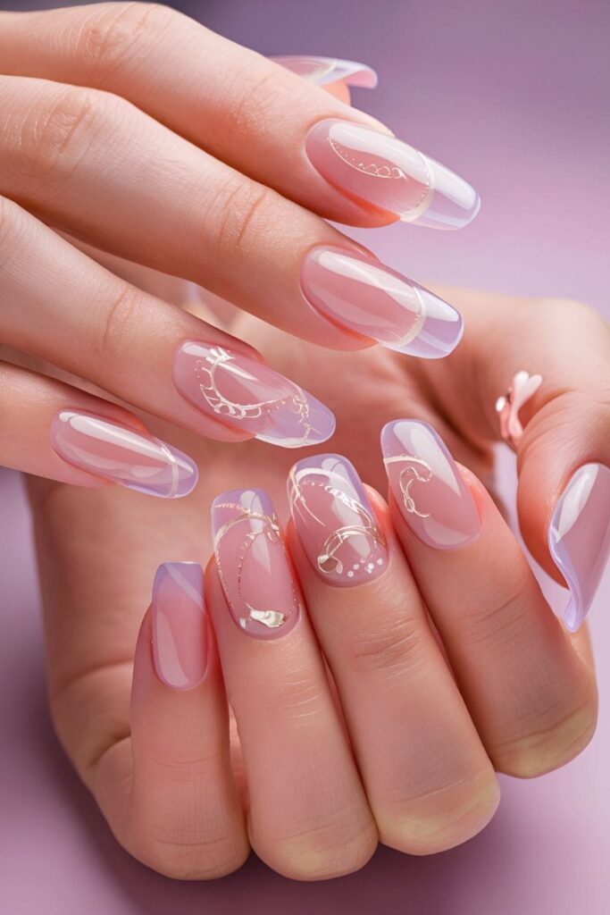 Translucent pink jelly nails with glossy finish