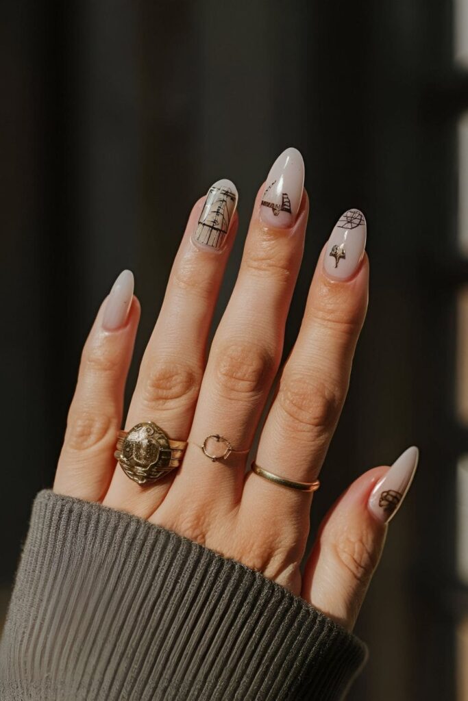 Unique and educational nails featuring historical symbols, ancient scrolls, maps, and famous landmarks