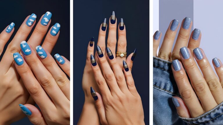 collage of blue summer acrylic nails