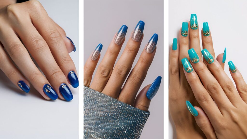 college of three images of blue acrylic nails for baddies