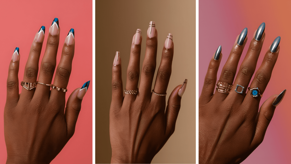 collage of three images of acrylic nails for dark skin tone