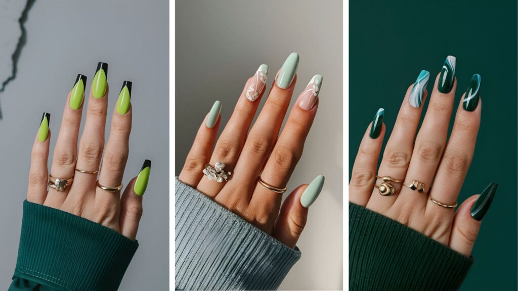 collage of three images of green acrylic nails for baddies