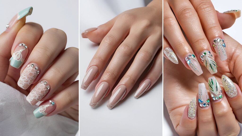 collage of three images of stylish acrylic nails