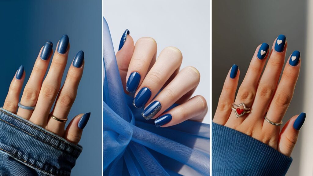 collage of three images of royal blue acrylic nails