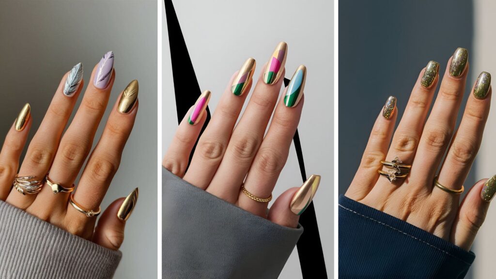 collage of three images of golden acrylic nails