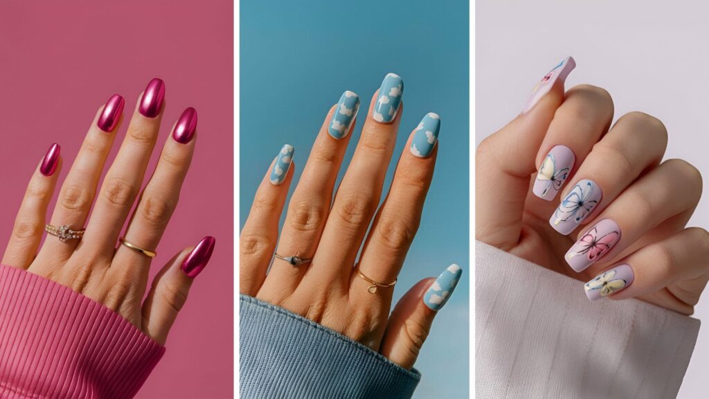 collage of three images of girly acrylic nails