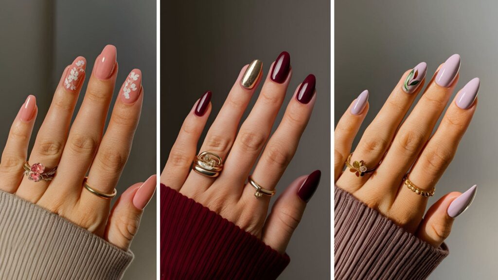 collage of three images of fall acrylic nails