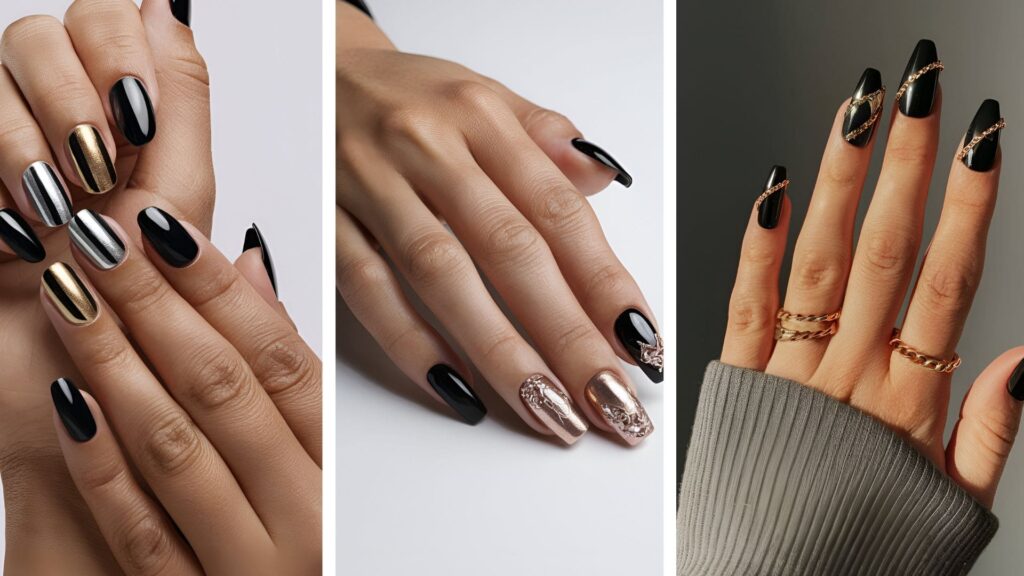 Collage of three images of black acrylic nails for summer