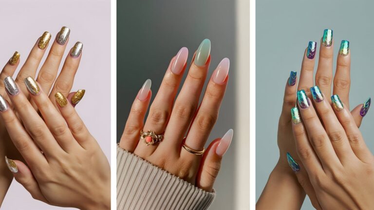 collage of three images of short acrylic nails for summer