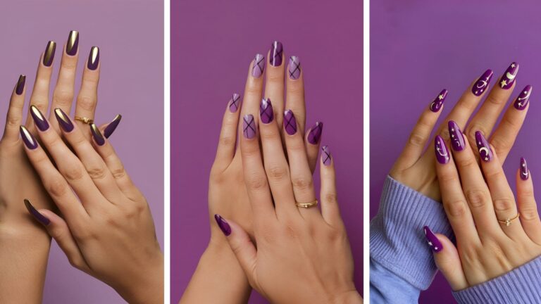 collage of three images of purple acrylic nails for baddies