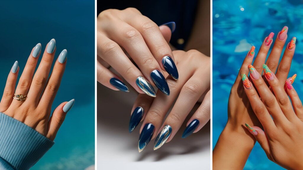 college of 3 images of beach acrylic nail designs